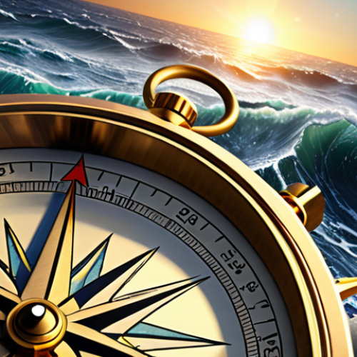 **A compass pointing towards a bright star, ocean waves in the background, symbolizing navigating life decisions.**