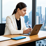 A focused professional, in a modest business casual outfit, sits thoughtfully at a sleek, minimalist wooden desk in a bright, modern office with large windows overlooking a city skyline. They are holding a pen, poised over an open notebook, with a few well-organized items like a tablet and a small plant on the desk. The atmosphere is calm and clear, emphasizing strategic thinking and purposeful work, aligning actions with core values. Perfect anatomy, correct proportions, natural pose, well-formed hands, proper finger count, natural body proportions. High-resolution, professional photography, natural lighting, safe for work, appropriate content, fully clothed, professional.