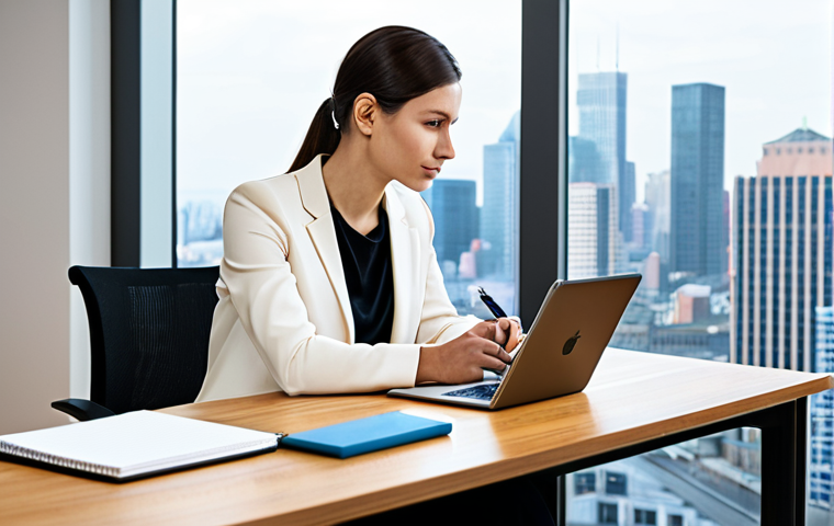 A focused professional, in a modest business casual outfit, sits thoughtfully at a sleek, minimalist wooden desk in a bright, modern office with large windows overlooking a city skyline. They are holding a pen, poised over an open notebook, with a few well-organized items like a tablet and a small plant on the desk. The atmosphere is calm and clear, emphasizing strategic thinking and purposeful work, aligning actions with core values. Perfect anatomy, correct proportions, natural pose, well-formed hands, proper finger count, natural body proportions. High-resolution, professional photography, natural lighting, safe for work, appropriate content, fully clothed, professional.