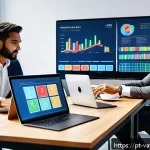 Home 18 가치 기반 우선순위화와 팀 운영 효율성 - A modern office scene showing a diverse professional team gathered around a large digital dashboard ...