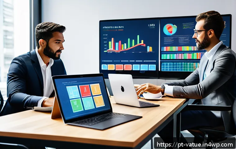 가치 기반 우선순위화와 팀 운영 효율성 - A modern office scene showing a diverse professional team gathered around a large digital dashboard ...